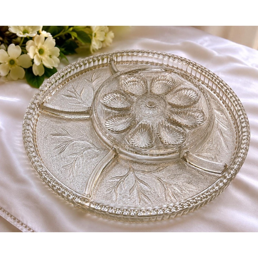 Vintage Glass Divided Relish Tray Deviled Egg Plate Leaf Pattern 13" Round